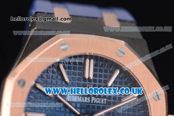 Audemars Piguet Royal Oak 36mm Asia ST16 Automatic PVD Case with Blue Dial Rose Gold Bezel and Blue Rubber Strap (EF) - Click Image to Close